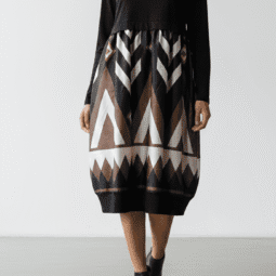 Rochie Midi Neagră Elegantă cu Imprimeu Geometric, Croială Relaxată