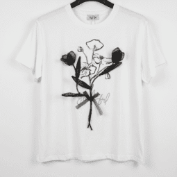 Tricou alb cu imprimeu floral în nuanțe de negru