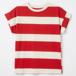 Tricou cu dungi roșii și bej, simplu și modern