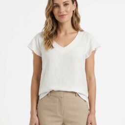 Femeie zâmbitoare îmbrăcată într-un tricou alb cu decolteu în V