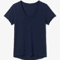 Tricou simplu de bumbac, culoare albastru închis, cu decolteu în V