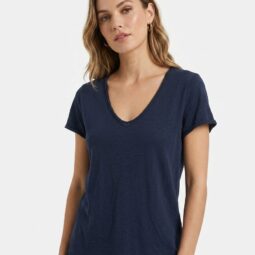 Tricou casual bleu cu decolteu în V pentru femei