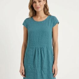 Rochie din in albastru deschis, cu maneci scurte
