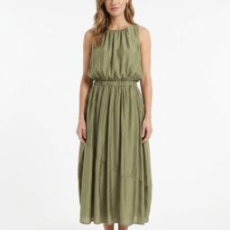 Rochie lungă, verde, cu bretele și talie elastică