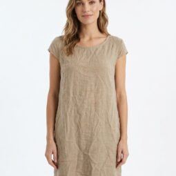 Rochie bej din in, elegantă și casual