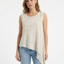 Bluză elegantă cu broderie, stil lejer, model asimetric