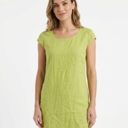 Rochie verde din in, cu mâneci scurte