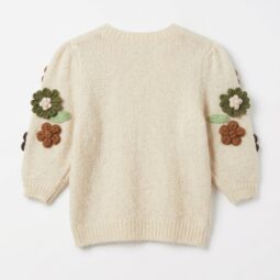 Pulover cu flori decorative pe mâneci, culoare crem