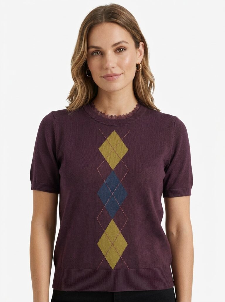 Pulover din lână cu design romburi, culoare violet