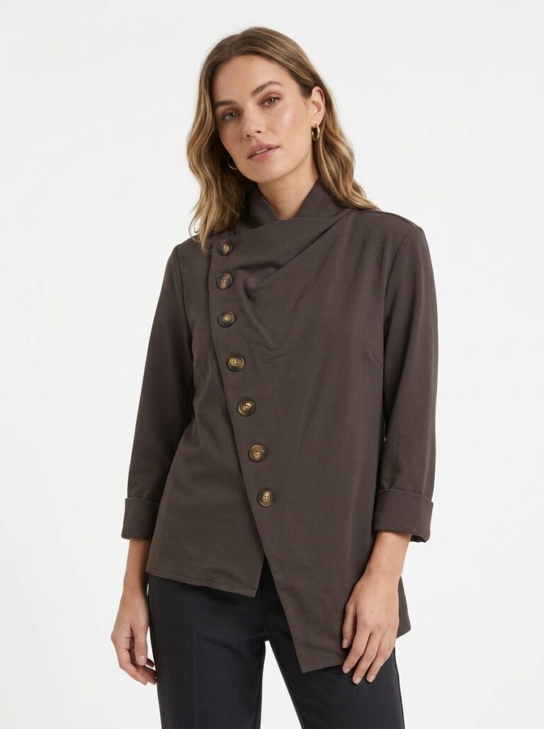 Bluza elegantă cu guler înalt și nasturi, într-o nuanță de maro